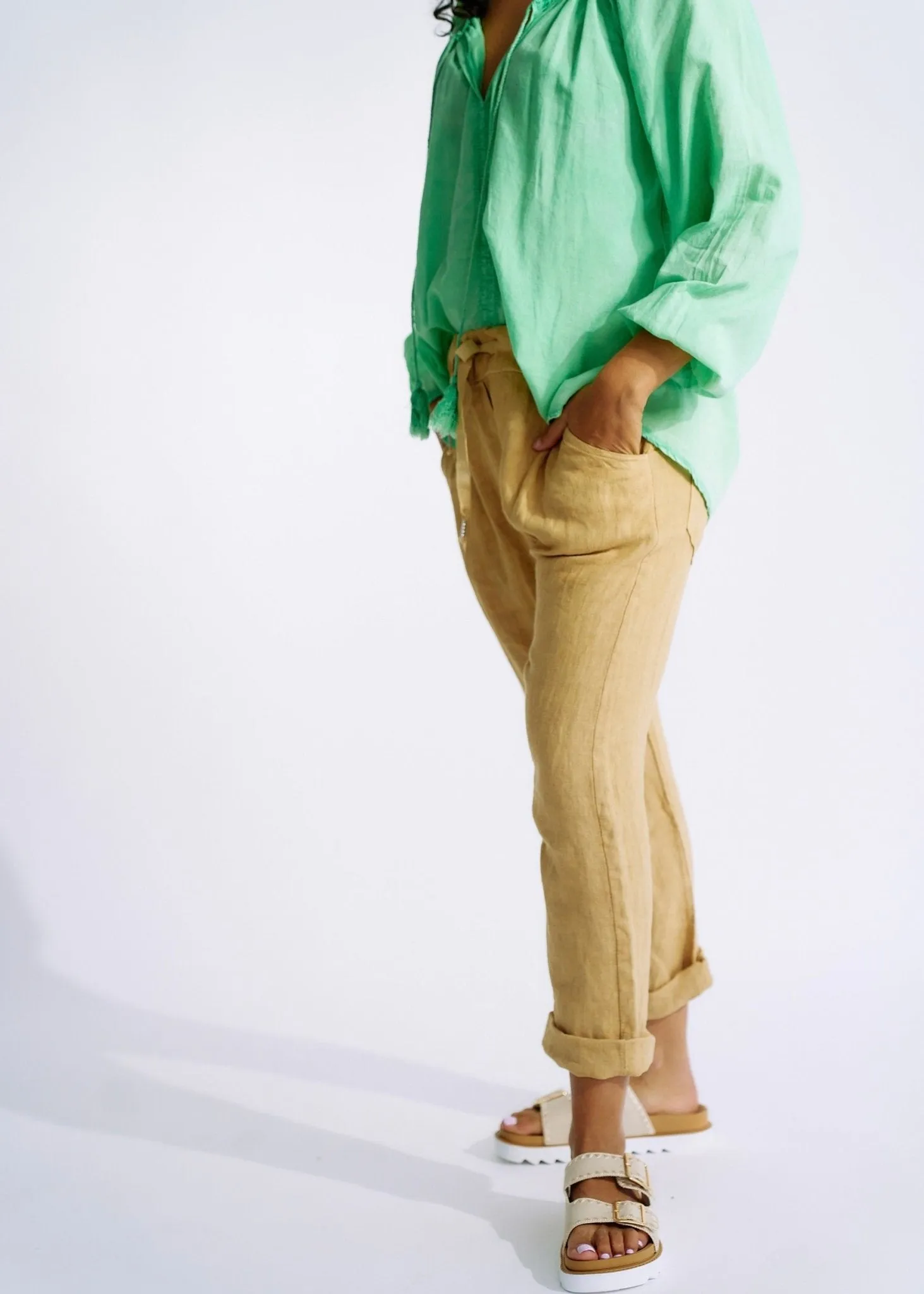 Italian Pure Linen Joggers with Sparkle Star In Caramel