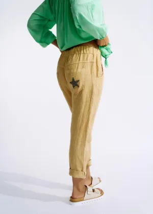 Italian Pure Linen Joggers with Sparkle Star In Caramel
