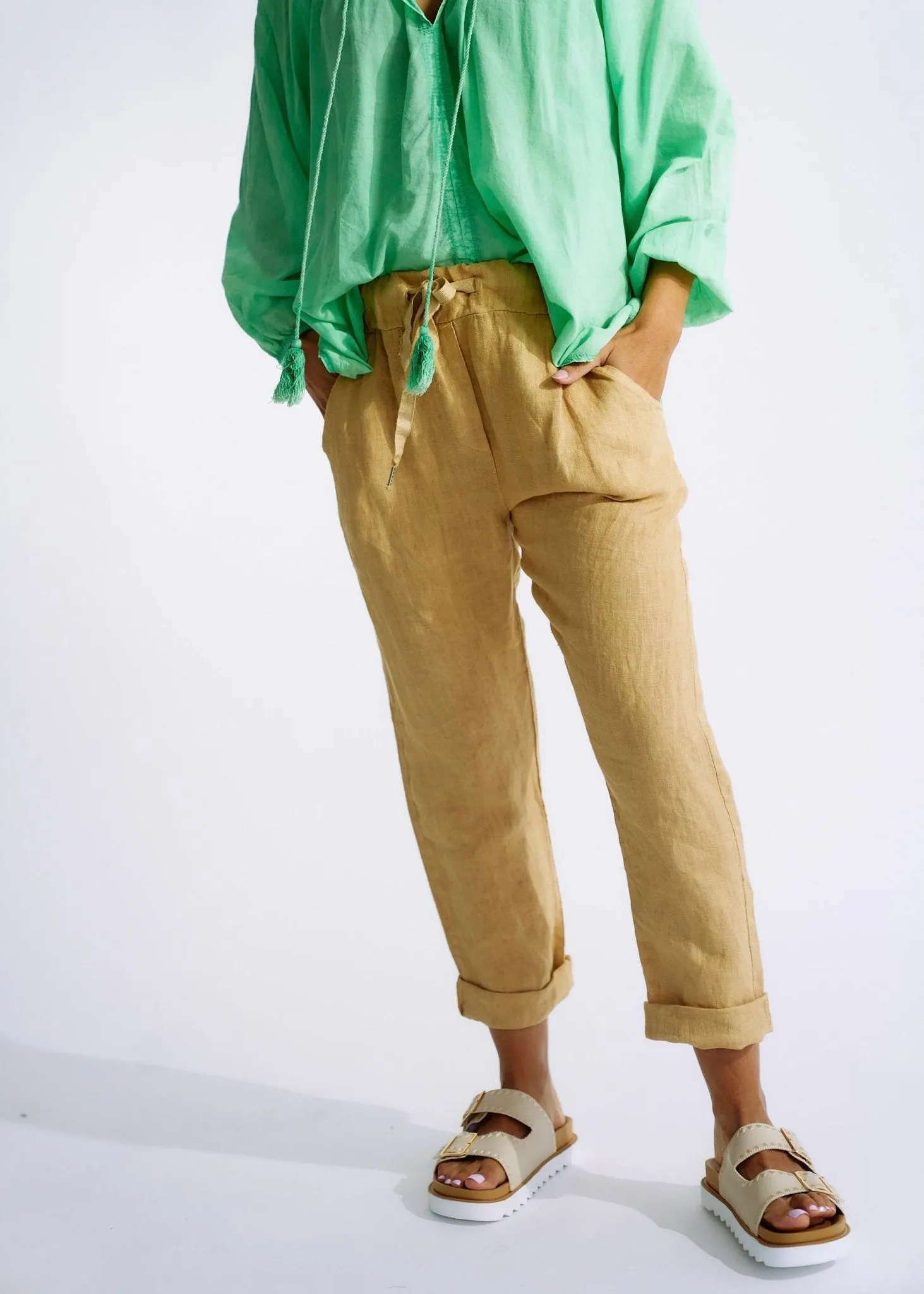 Italian Pure Linen Joggers with Sparkle Star In Caramel