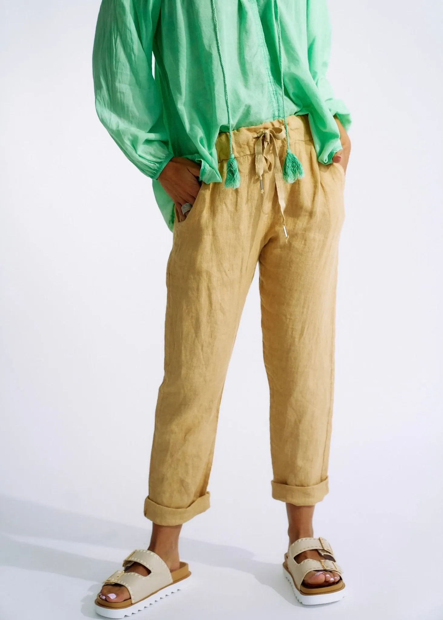 Italian Pure Linen Joggers with Sparkle Star In Caramel