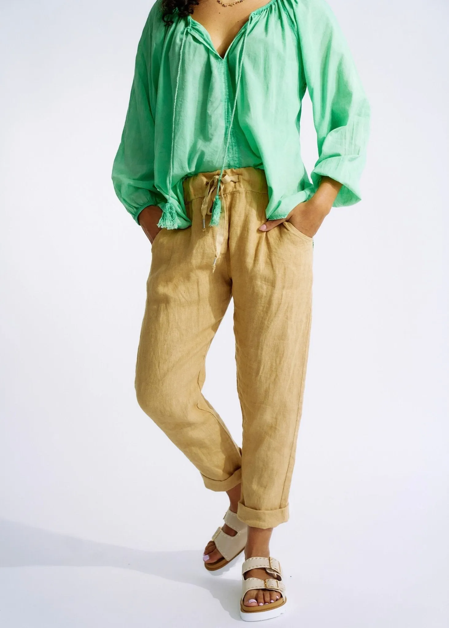 Italian Pure Linen Joggers with Sparkle Star In Caramel