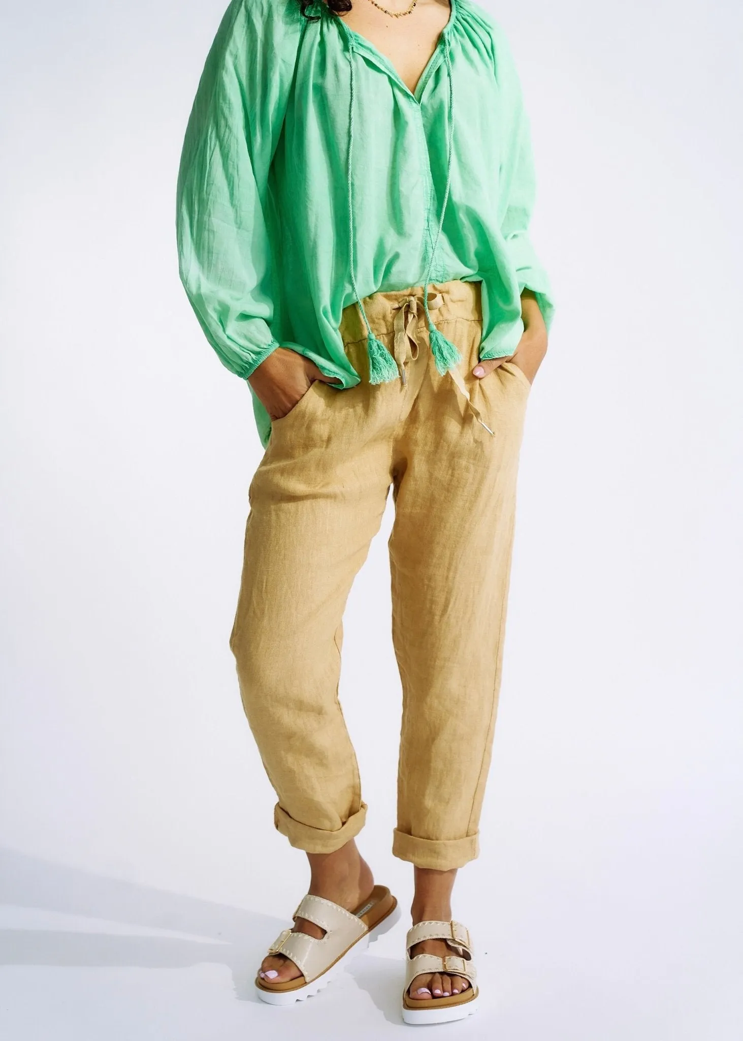 Italian Pure Linen Joggers with Sparkle Star In Caramel