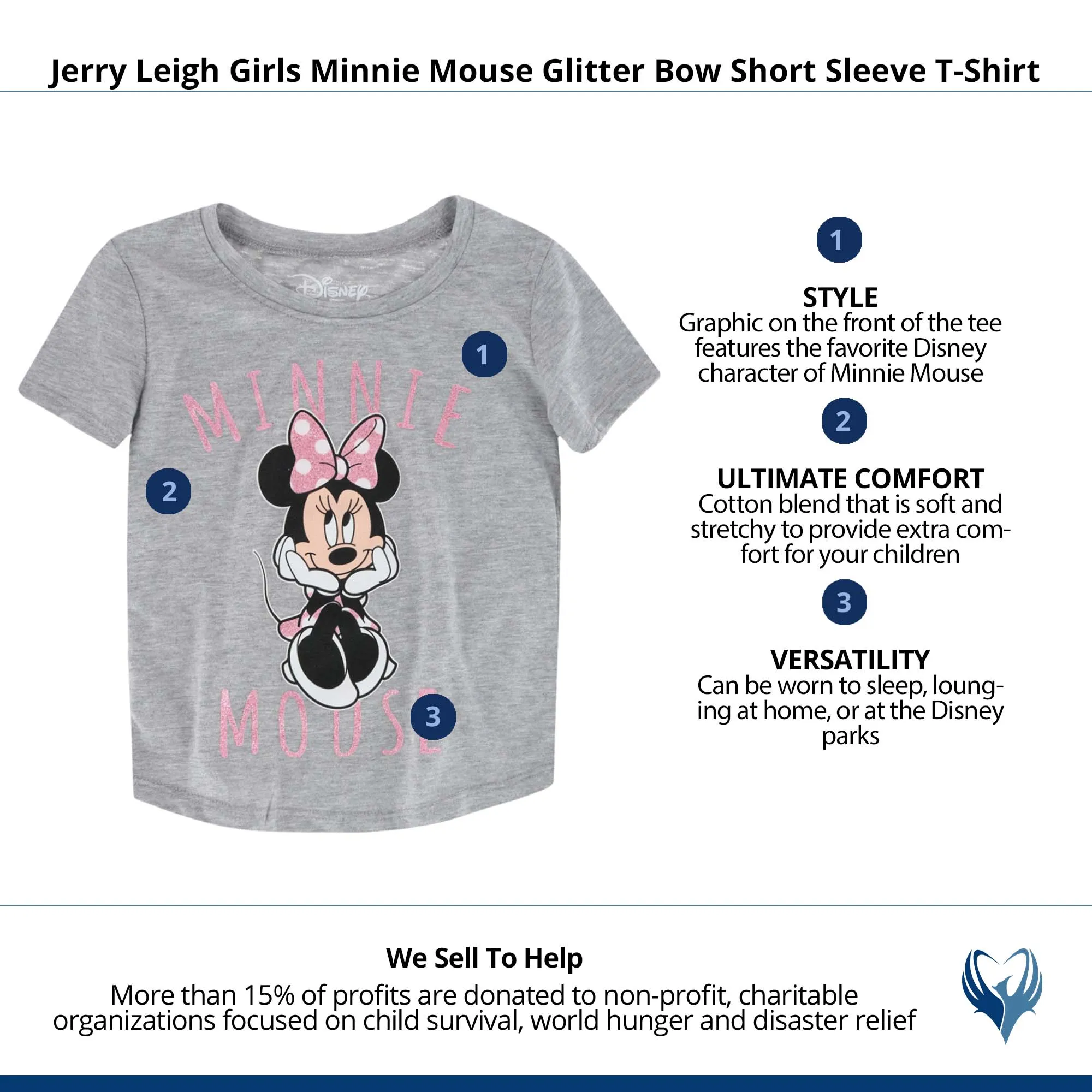 Jerry Leigh Girls Minnie Mouse Glitter Bow Short Sleeve T-Shirt