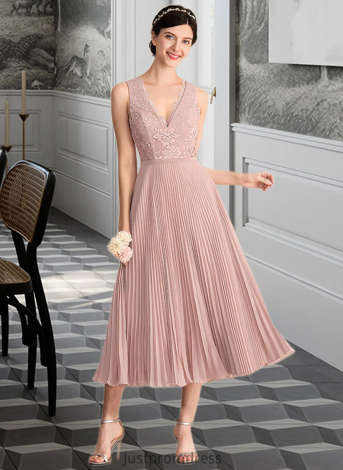 Josie A-Line V-neck Tea-Length Chiffon Lace Bridesmaid Dress With Pleated HHP0013067