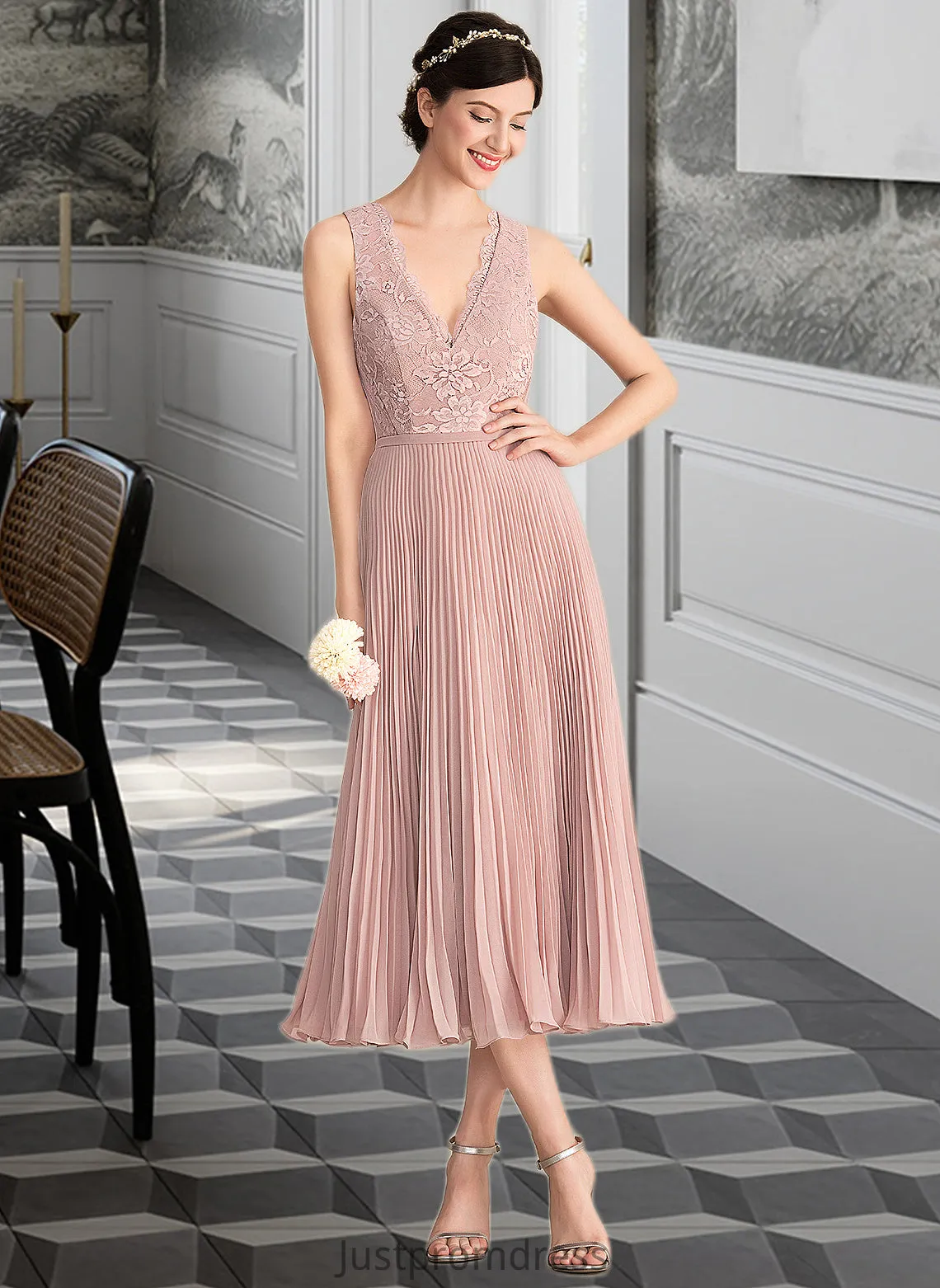 Josie A-Line V-neck Tea-Length Chiffon Lace Bridesmaid Dress With Pleated HHP0013067