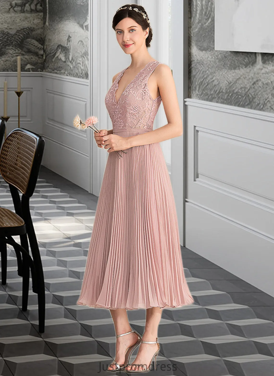 Josie A-Line V-neck Tea-Length Chiffon Lace Bridesmaid Dress With Pleated HHP0013067