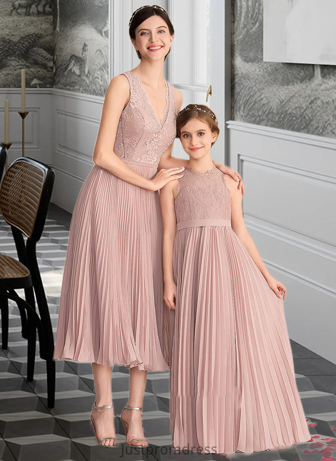 Josie A-Line V-neck Tea-Length Chiffon Lace Bridesmaid Dress With Pleated HHP0013067