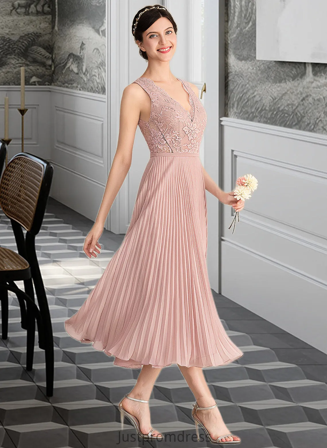 Josie A-Line V-neck Tea-Length Chiffon Lace Bridesmaid Dress With Pleated HHP0013067
