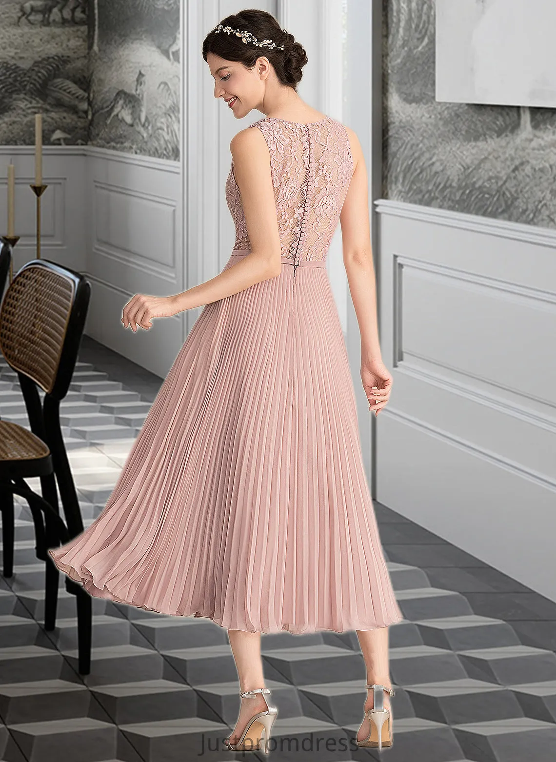 Josie A-Line V-neck Tea-Length Chiffon Lace Bridesmaid Dress With Pleated HHP0013067