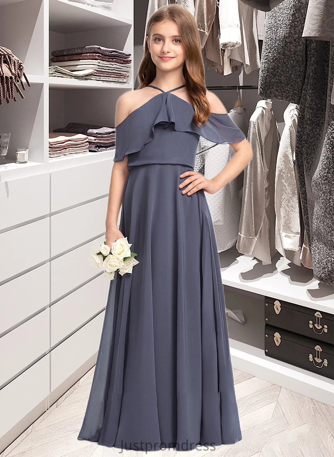 Juliette A-Line Off-the-Shoulder Floor-Length Chiffon Junior Bridesmaid Dress With Cascading Ruffles HHP0013415