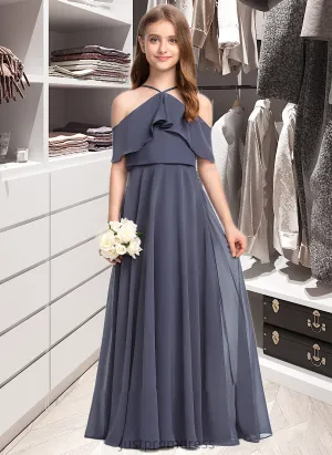 Juliette A-Line Off-the-Shoulder Floor-Length Chiffon Junior Bridesmaid Dress With Cascading Ruffles HHP0013415