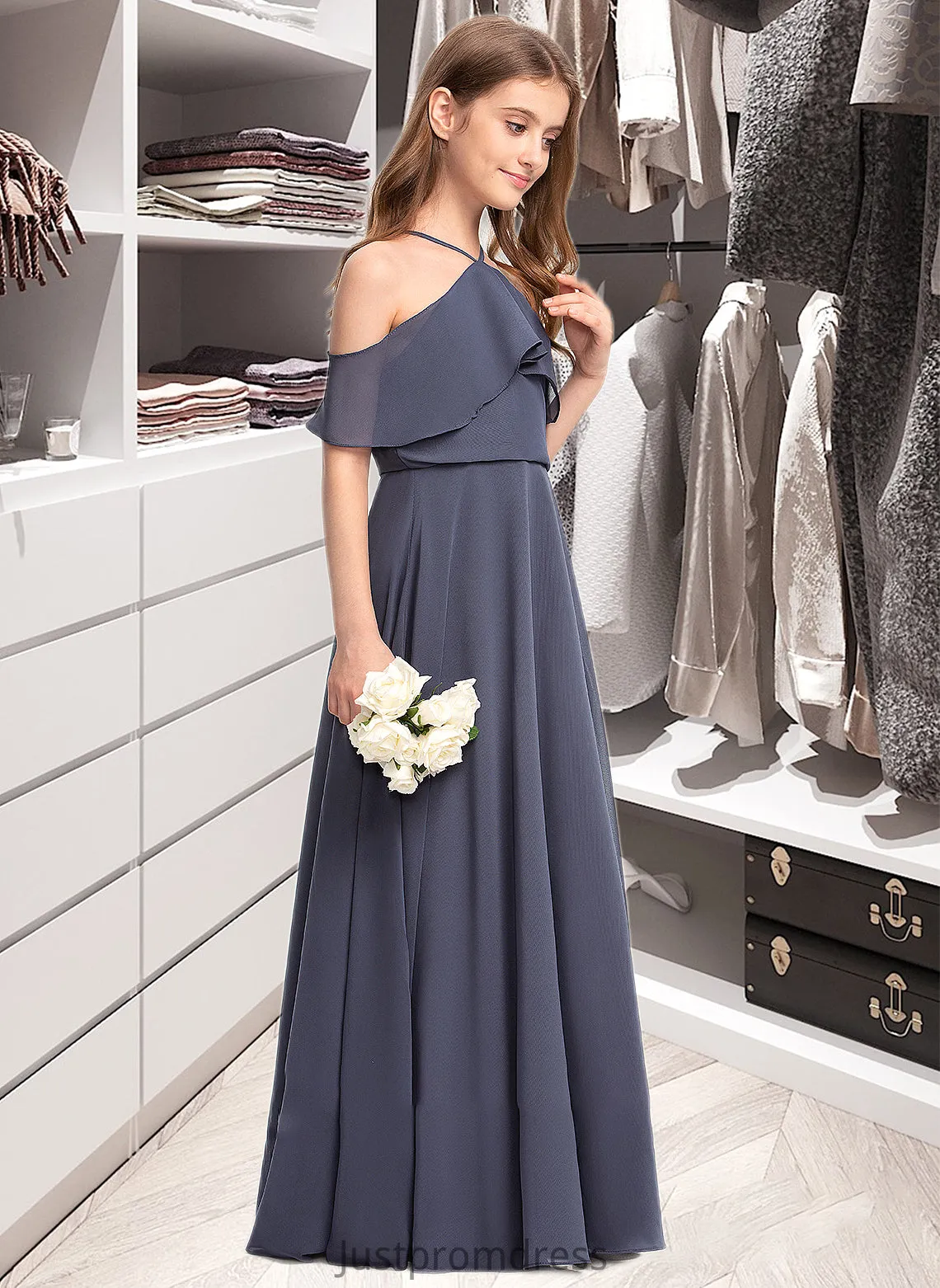 Juliette A-Line Off-the-Shoulder Floor-Length Chiffon Junior Bridesmaid Dress With Cascading Ruffles HHP0013415