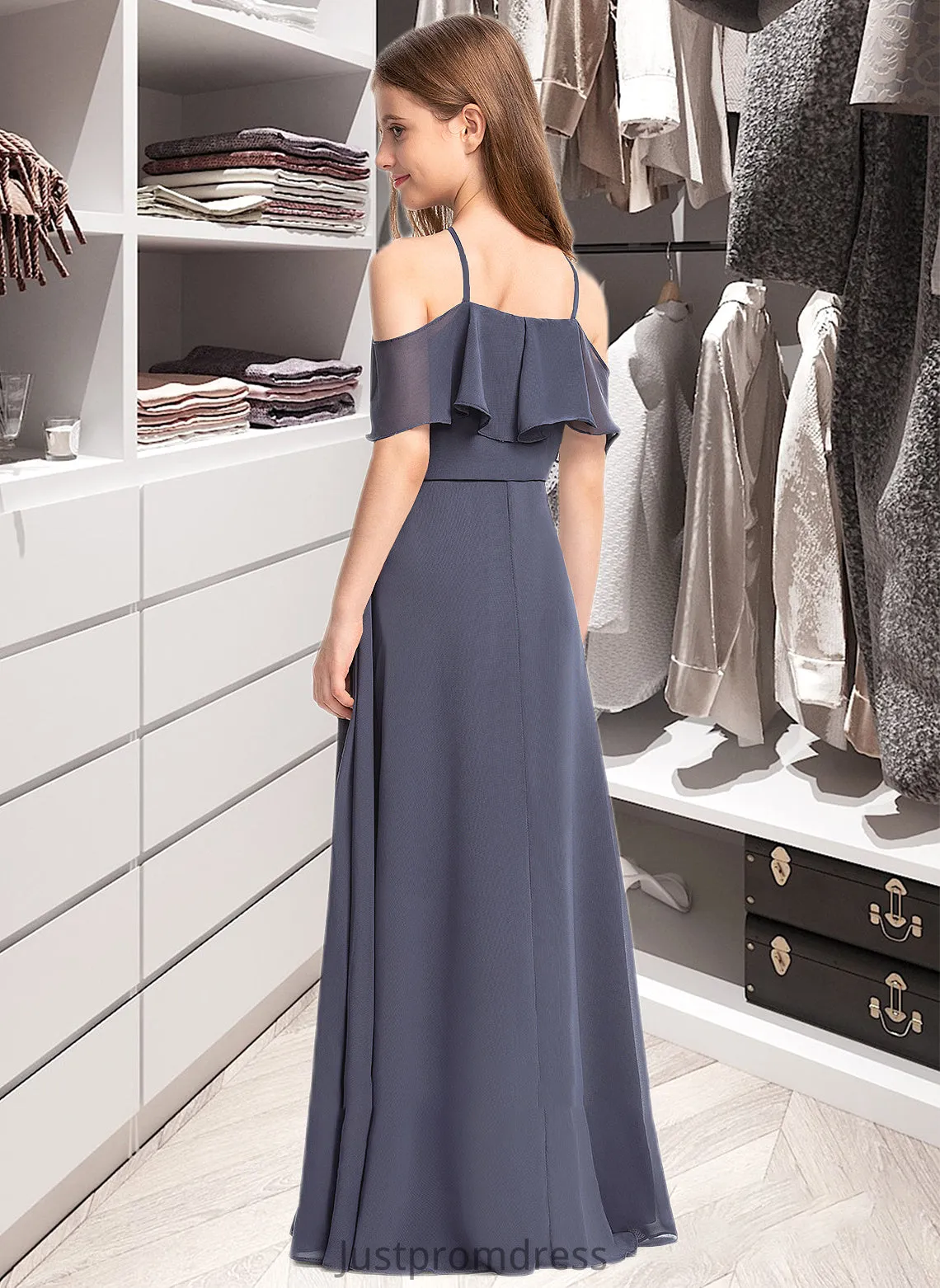 Juliette A-Line Off-the-Shoulder Floor-Length Chiffon Junior Bridesmaid Dress With Cascading Ruffles HHP0013415