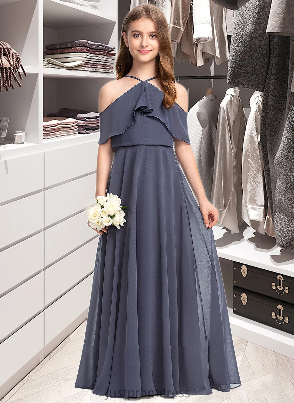 Juliette A-Line Off-the-Shoulder Floor-Length Chiffon Junior Bridesmaid Dress With Cascading Ruffles HHP0013415
