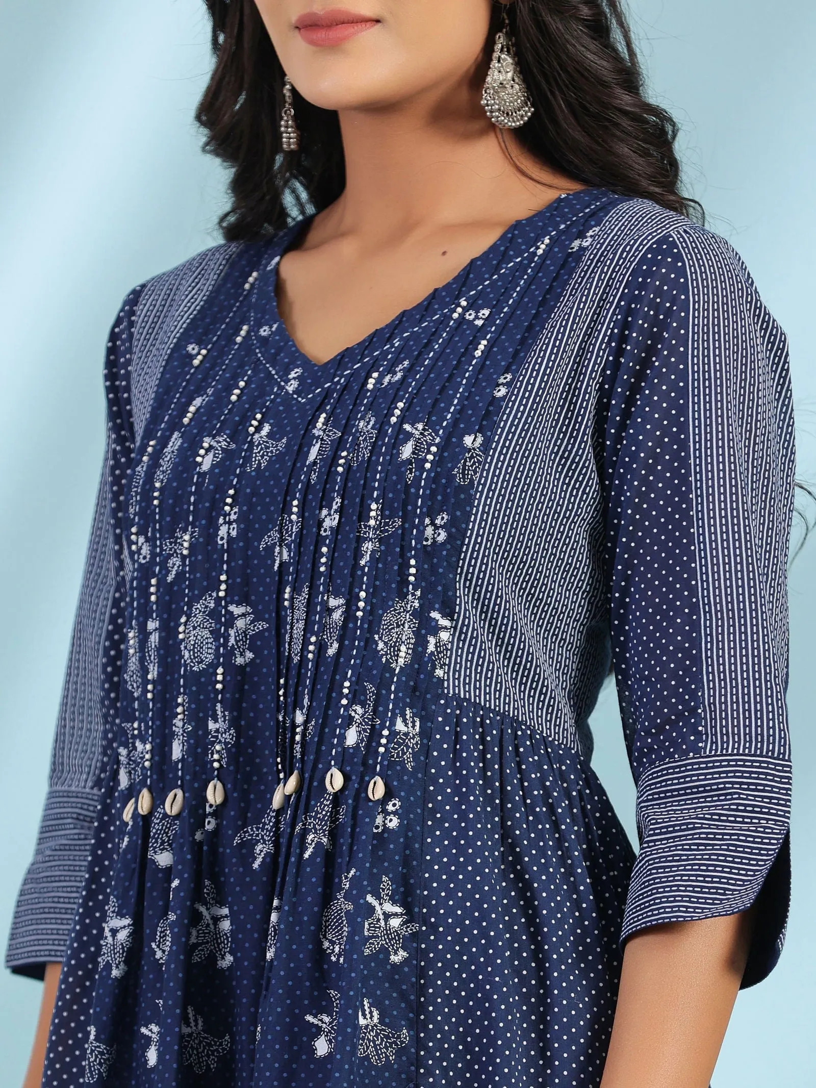 Juniper Blue Cotton Ethnic Motif Printed A-Line Dress With Pintucks At Front & Beadwork