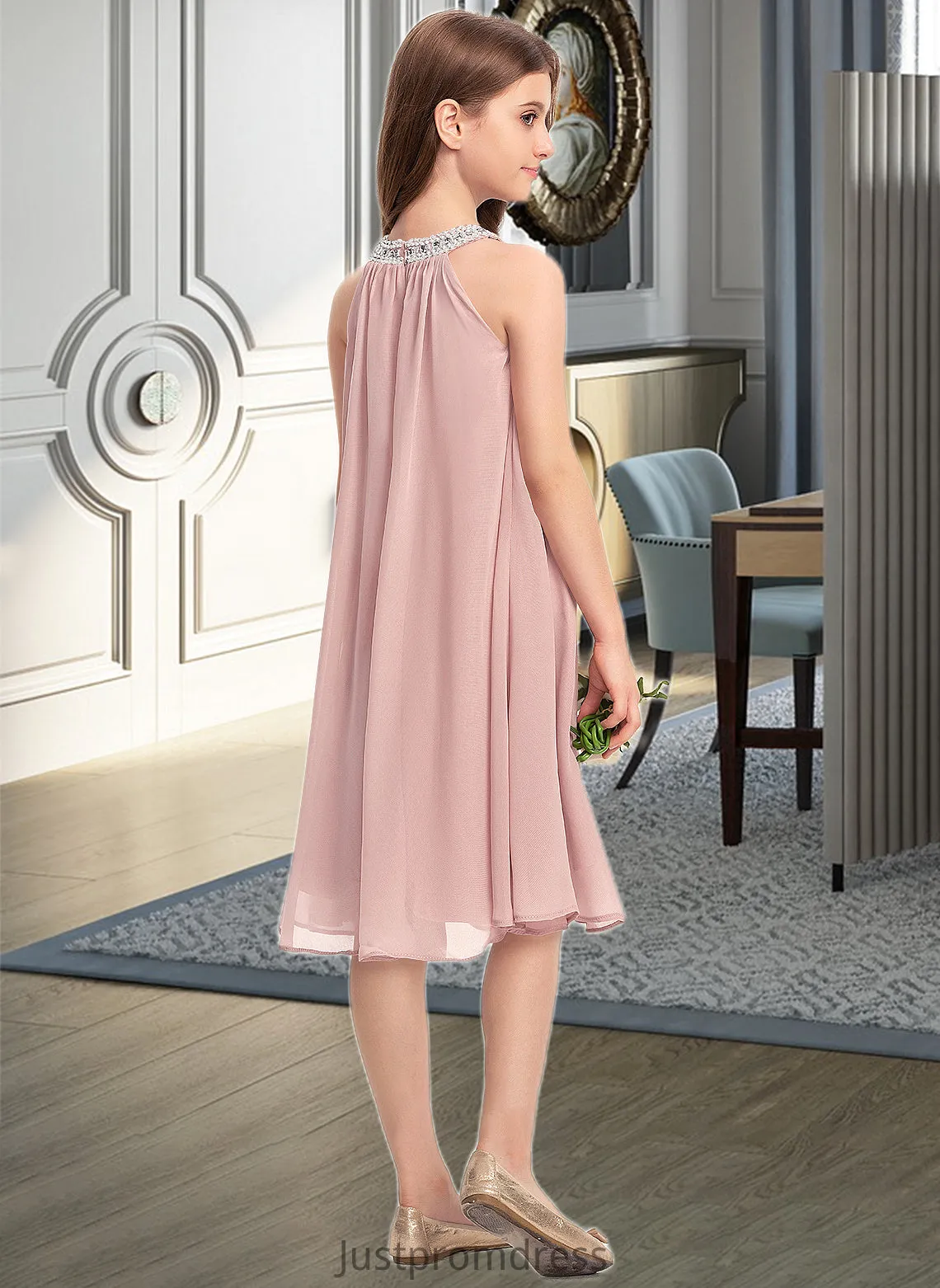 Kamari A-Line Scoop Neck Knee-Length Chiffon Junior Bridesmaid Dress With Beading Sequins HHP0013365
