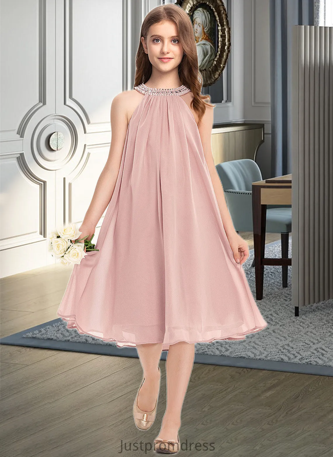 Kamari A-Line Scoop Neck Knee-Length Chiffon Junior Bridesmaid Dress With Beading Sequins HHP0013365
