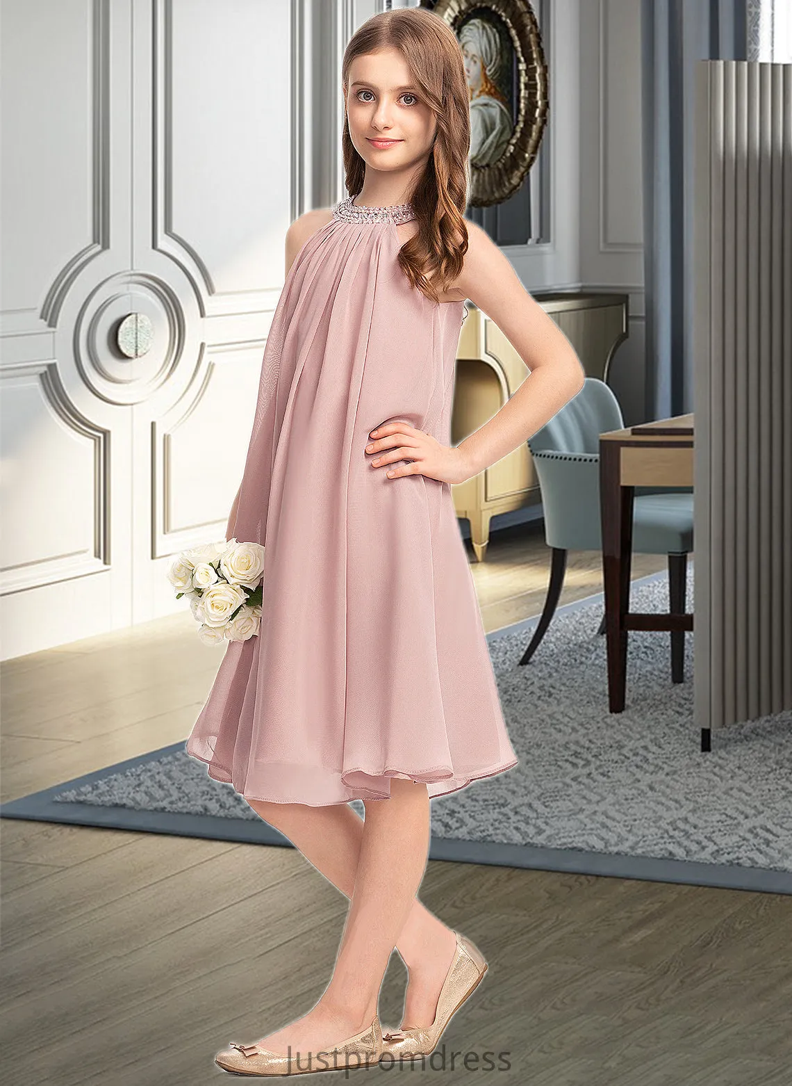 Kamari A-Line Scoop Neck Knee-Length Chiffon Junior Bridesmaid Dress With Beading Sequins HHP0013365