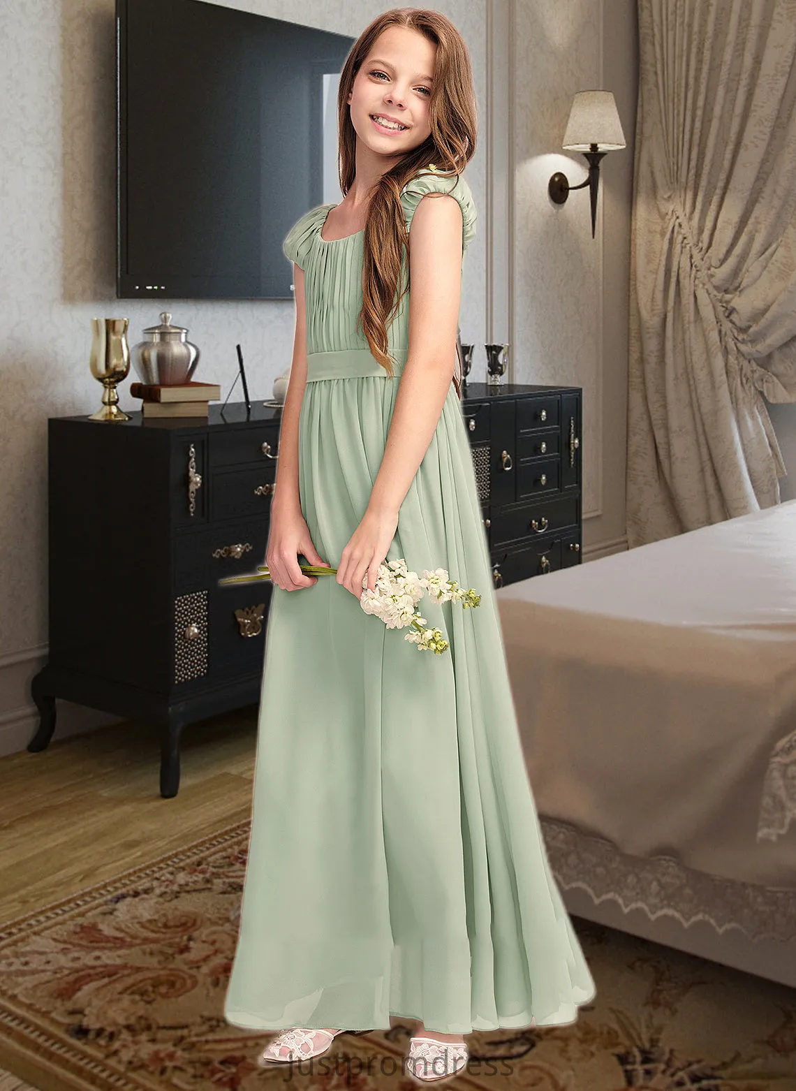 Laurel A-Line Scoop Neck Floor-Length Chiffon Junior Bridesmaid Dress With Ruffle Bow(s) HHP0013474