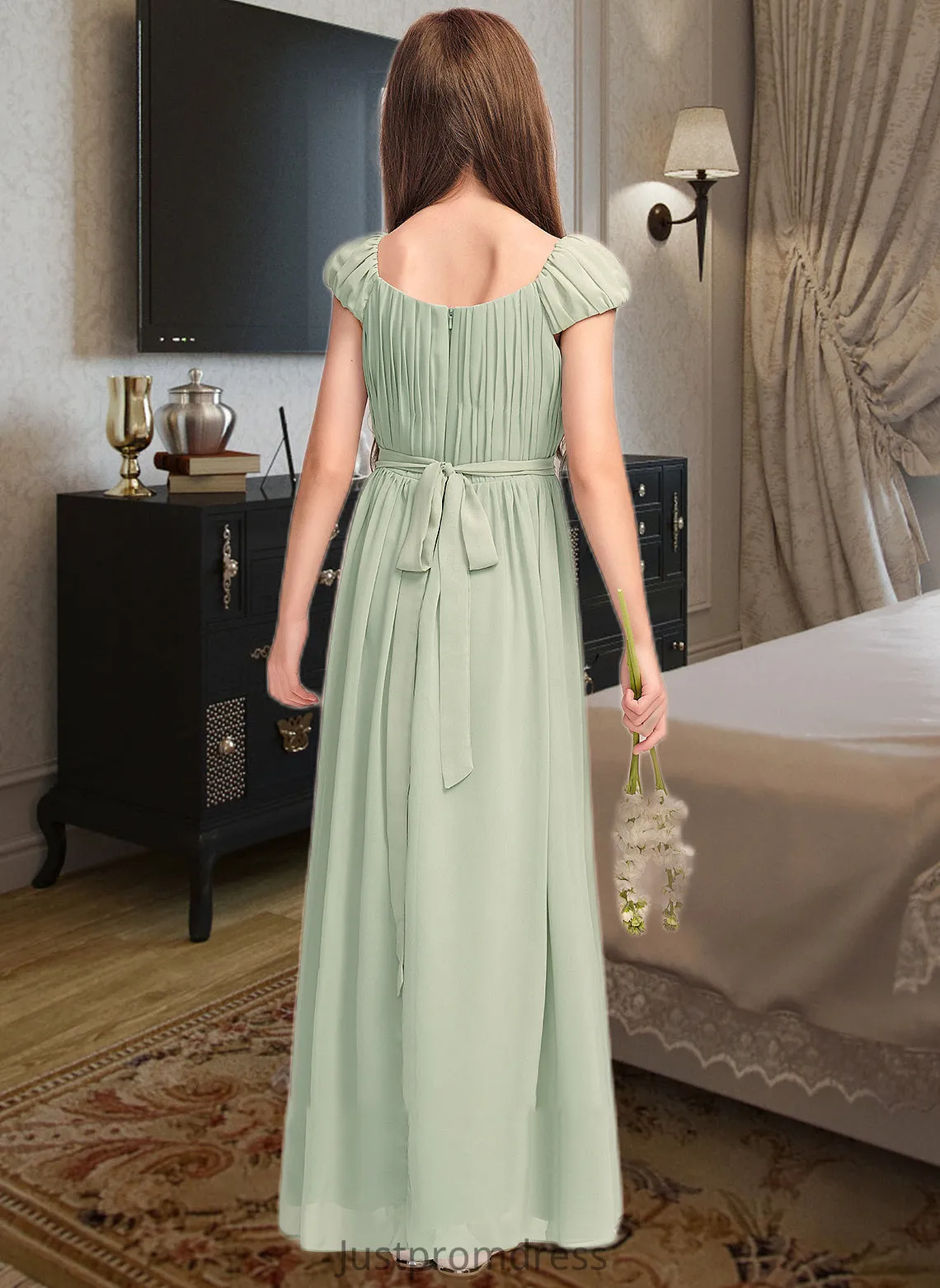 Laurel A-Line Scoop Neck Floor-Length Chiffon Junior Bridesmaid Dress With Ruffle Bow(s) HHP0013474