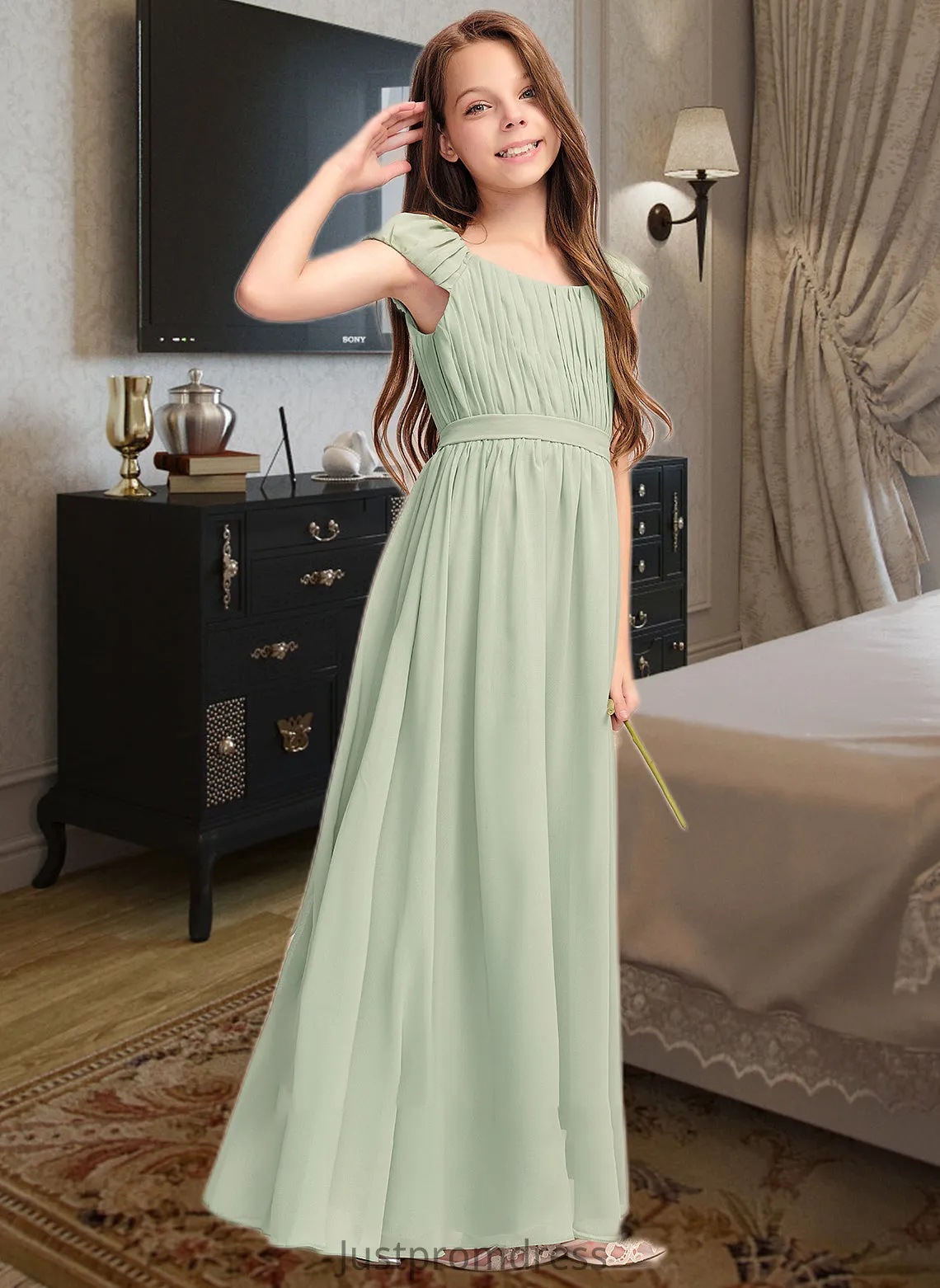 Laurel A-Line Scoop Neck Floor-Length Chiffon Junior Bridesmaid Dress With Ruffle Bow(s) HHP0013474