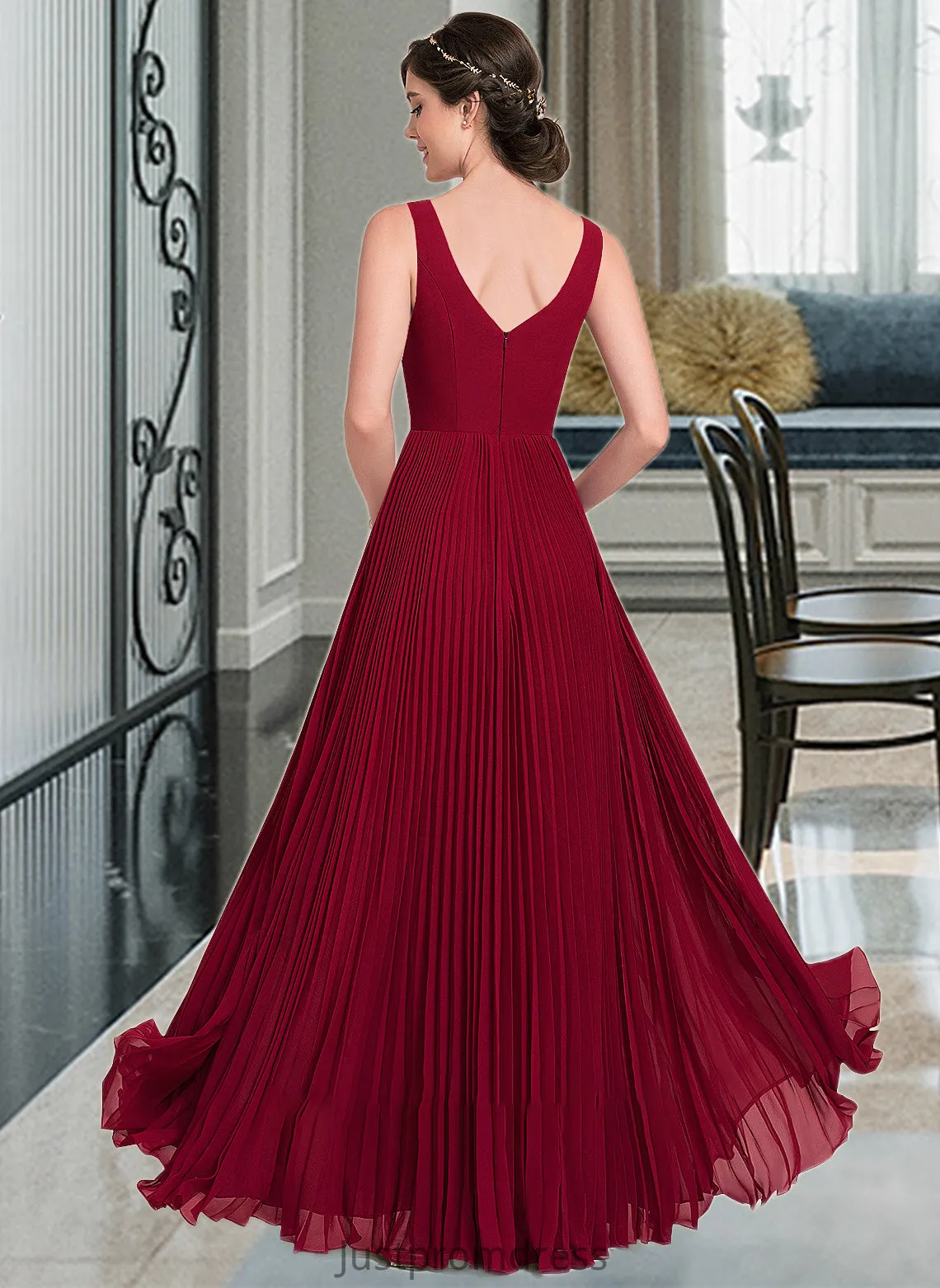 Lillianna A-Line V-neck Floor-Length Chiffon Bridesmaid Dress With Split Front Pleated HHP0013007