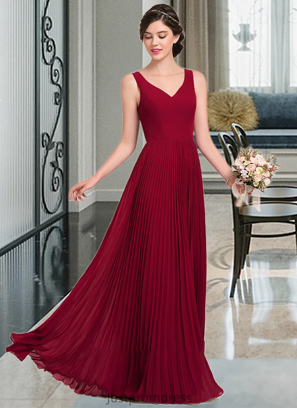 Lillianna A-Line V-neck Floor-Length Chiffon Bridesmaid Dress With Split Front Pleated HHP0013007