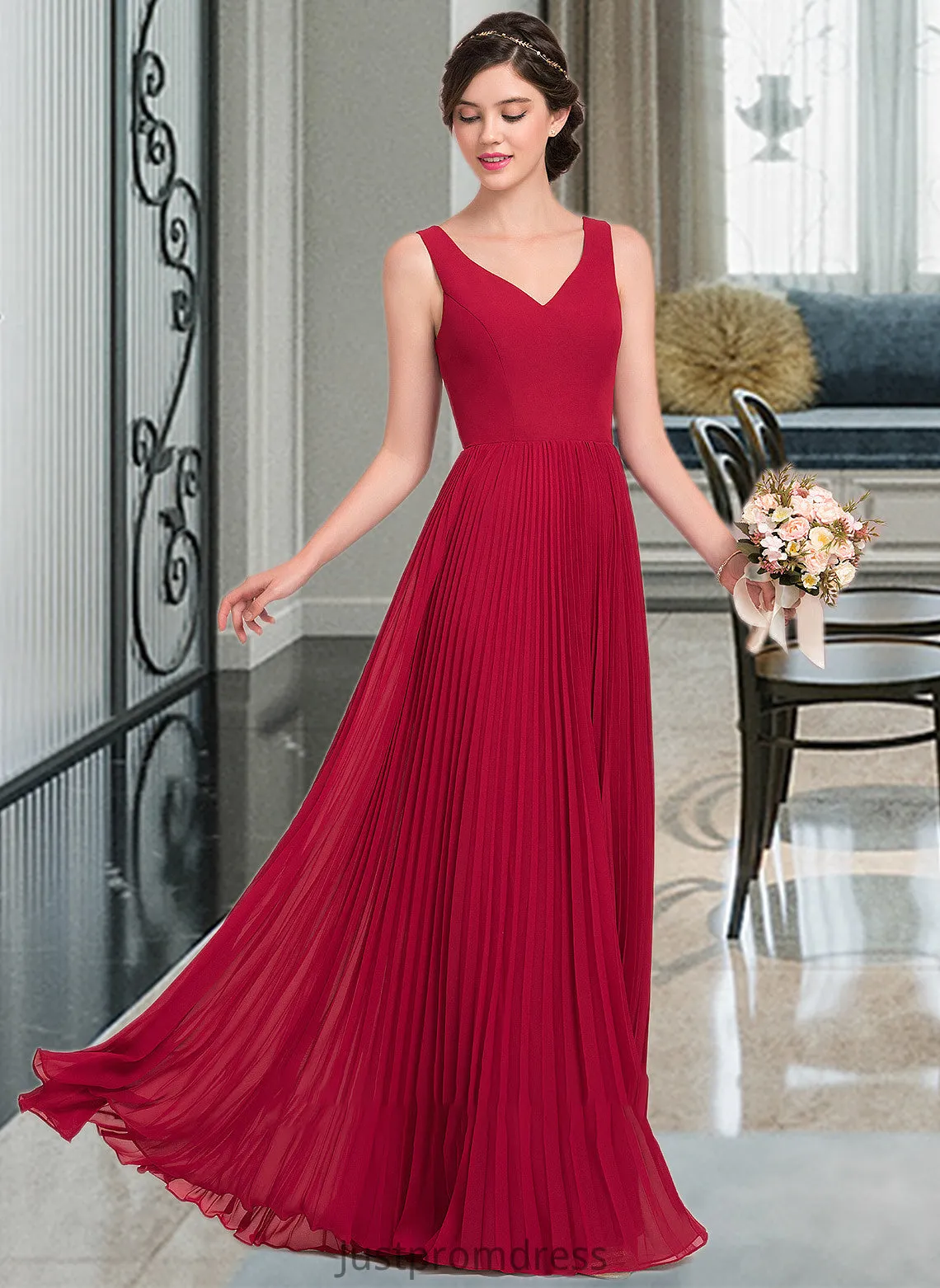 Lillianna A-Line V-neck Floor-Length Chiffon Bridesmaid Dress With Split Front Pleated HHP0013007