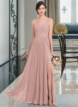 Lillianna A-Line V-neck Floor-Length Chiffon Bridesmaid Dress With Split Front Pleated HHP0013007