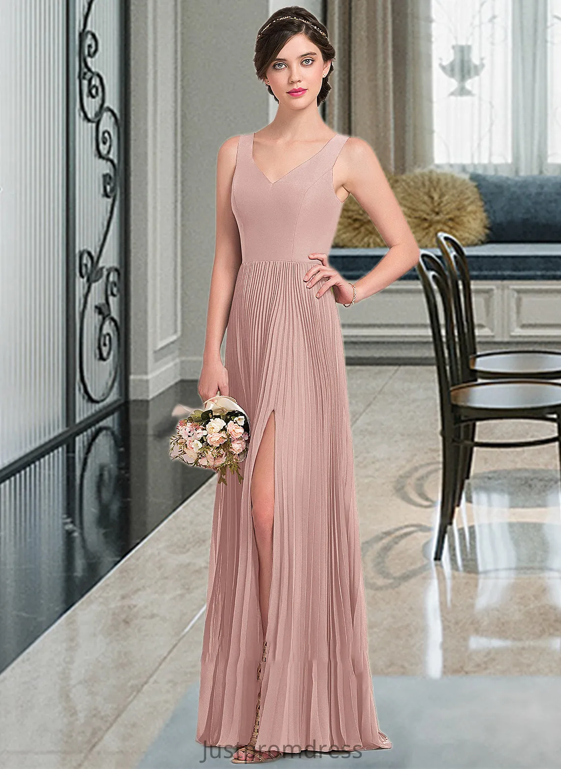 Lillianna A-Line V-neck Floor-Length Chiffon Bridesmaid Dress With Split Front Pleated HHP0013007