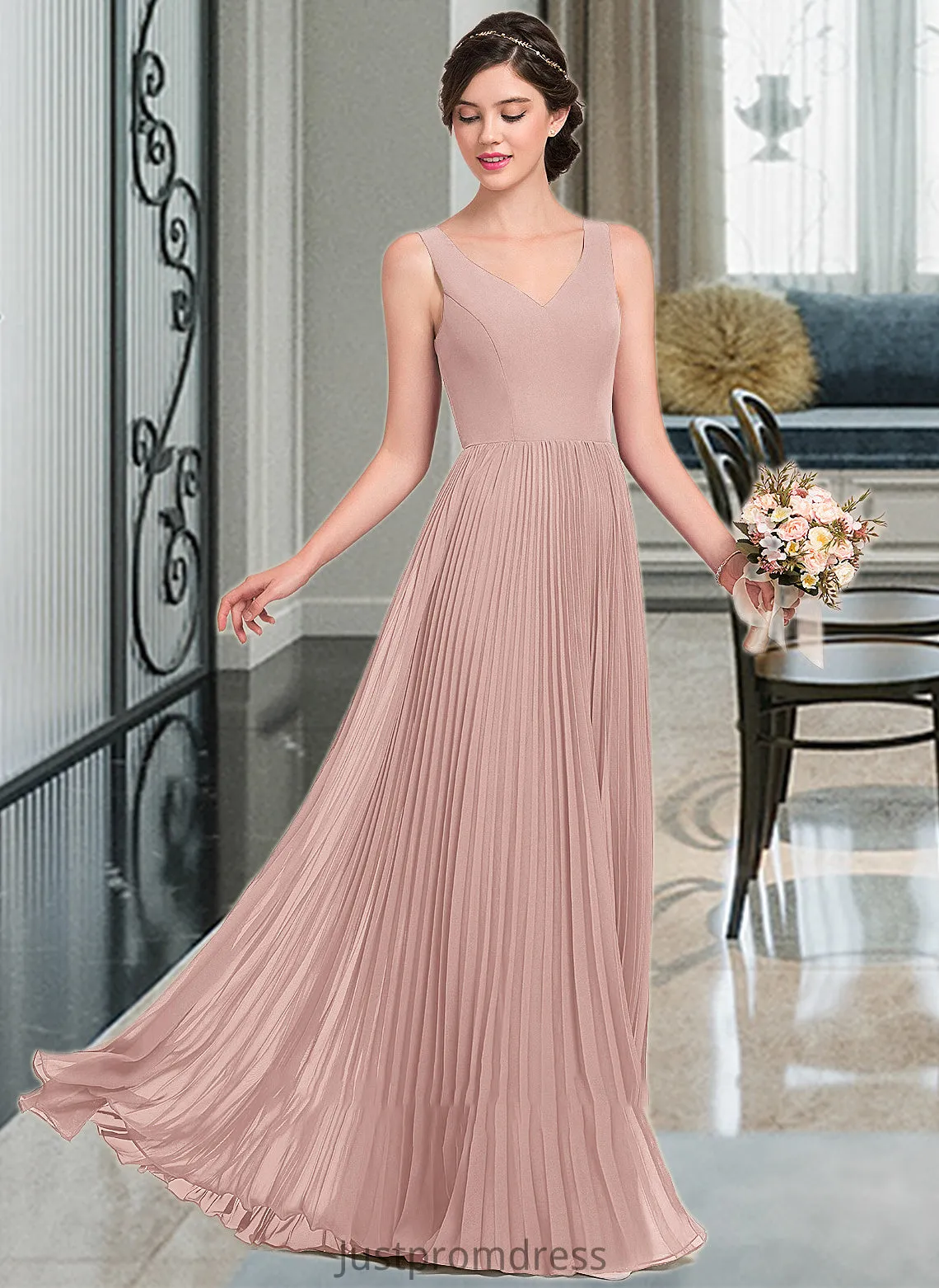 Lillianna A-Line V-neck Floor-Length Chiffon Bridesmaid Dress With Split Front Pleated HHP0013007