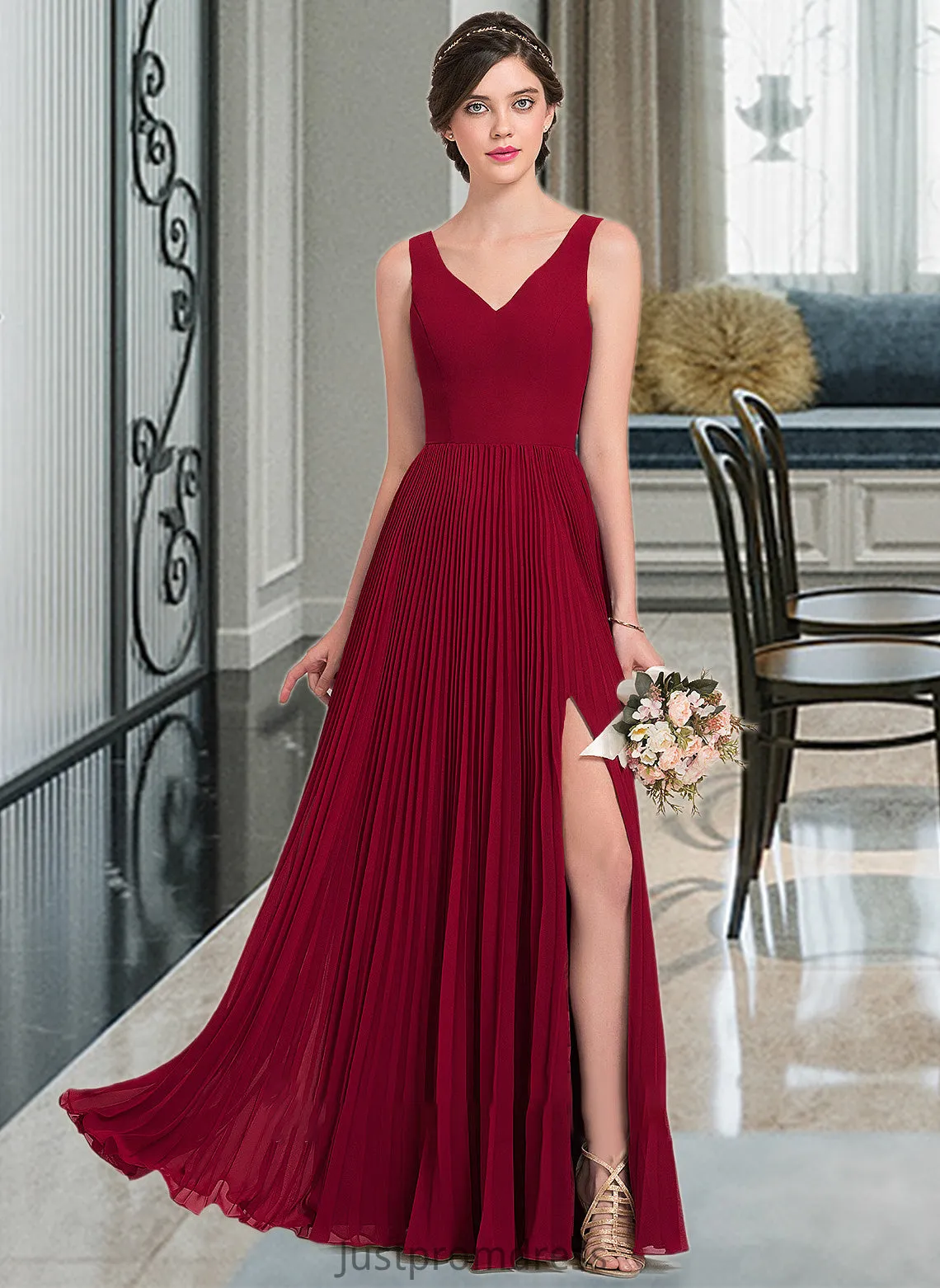 Lillianna A-Line V-neck Floor-Length Chiffon Bridesmaid Dress With Split Front Pleated HHP0013007