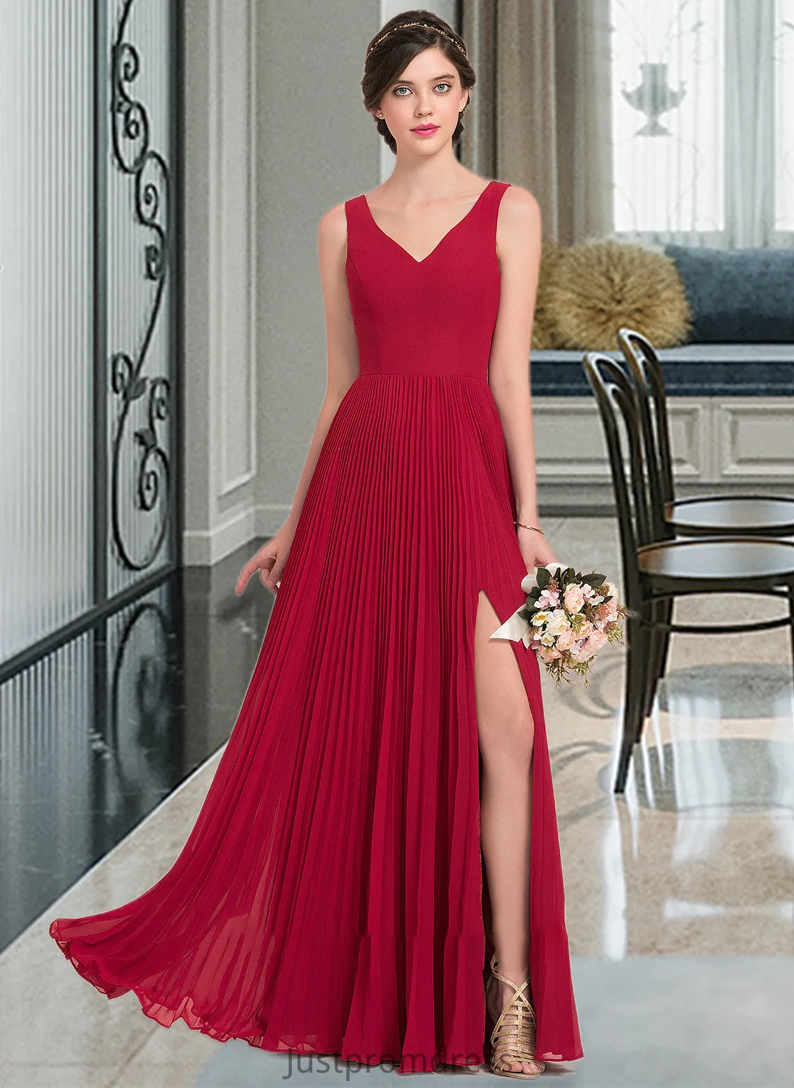 Lillianna A-Line V-neck Floor-Length Chiffon Bridesmaid Dress With Split Front Pleated HHP0013007