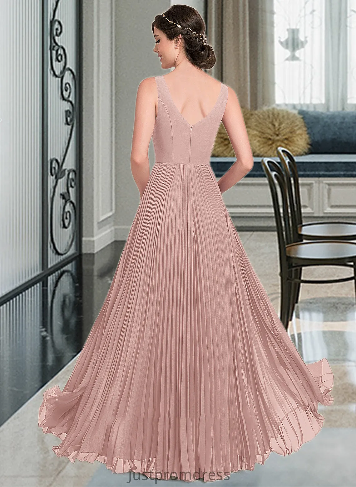 Lillianna A-Line V-neck Floor-Length Chiffon Bridesmaid Dress With Split Front Pleated HHP0013007