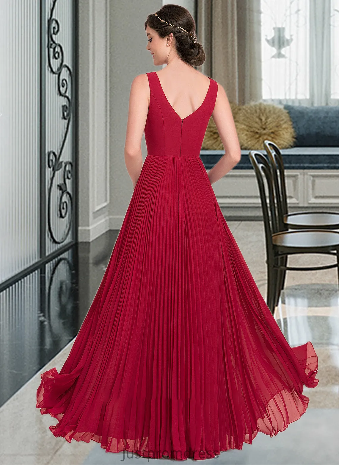 Lillianna A-Line V-neck Floor-Length Chiffon Bridesmaid Dress With Split Front Pleated HHP0013007