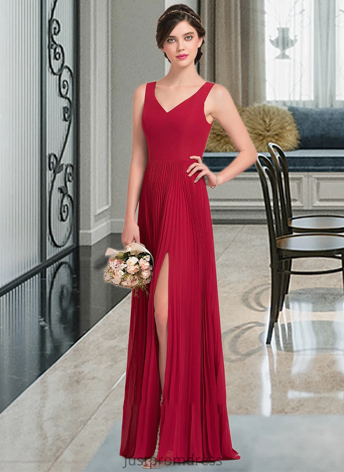 Lillianna A-Line V-neck Floor-Length Chiffon Bridesmaid Dress With Split Front Pleated HHP0013007