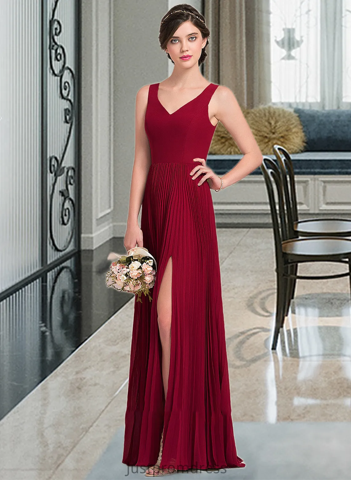 Lillianna A-Line V-neck Floor-Length Chiffon Bridesmaid Dress With Split Front Pleated HHP0013007