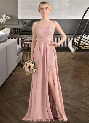 Lizeth A-Line Sweetheart Floor-Length Chiffon Lace Bridesmaid Dress With Split Front HHP0013068