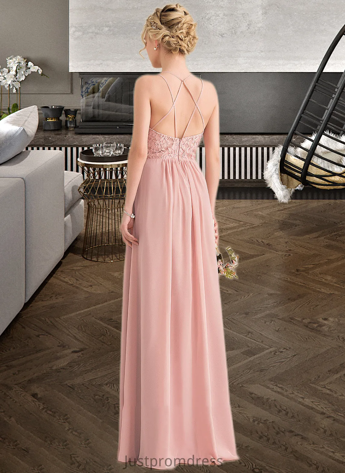 Lizeth A-Line Sweetheart Floor-Length Chiffon Lace Bridesmaid Dress With Split Front HHP0013068