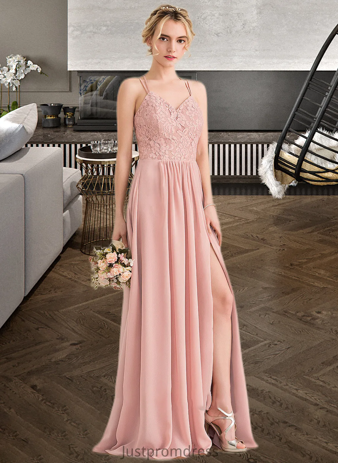 Lizeth A-Line Sweetheart Floor-Length Chiffon Lace Bridesmaid Dress With Split Front HHP0013068