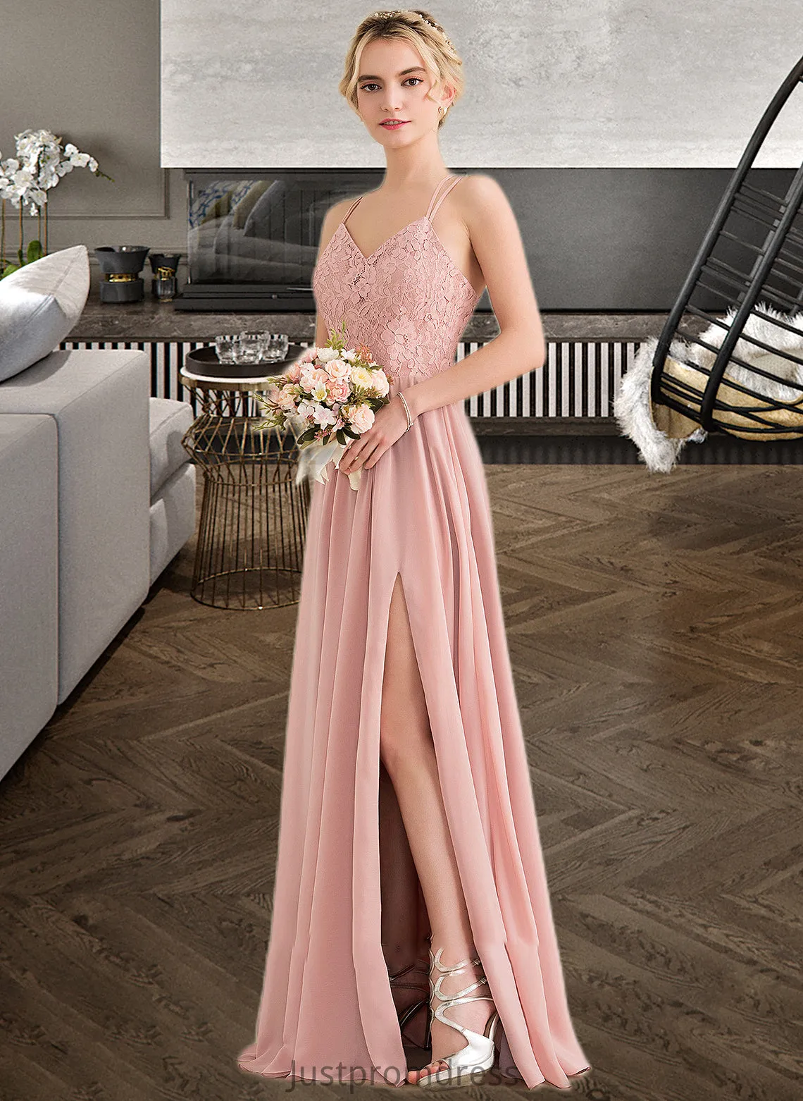 Lizeth A-Line Sweetheart Floor-Length Chiffon Lace Bridesmaid Dress With Split Front HHP0013068