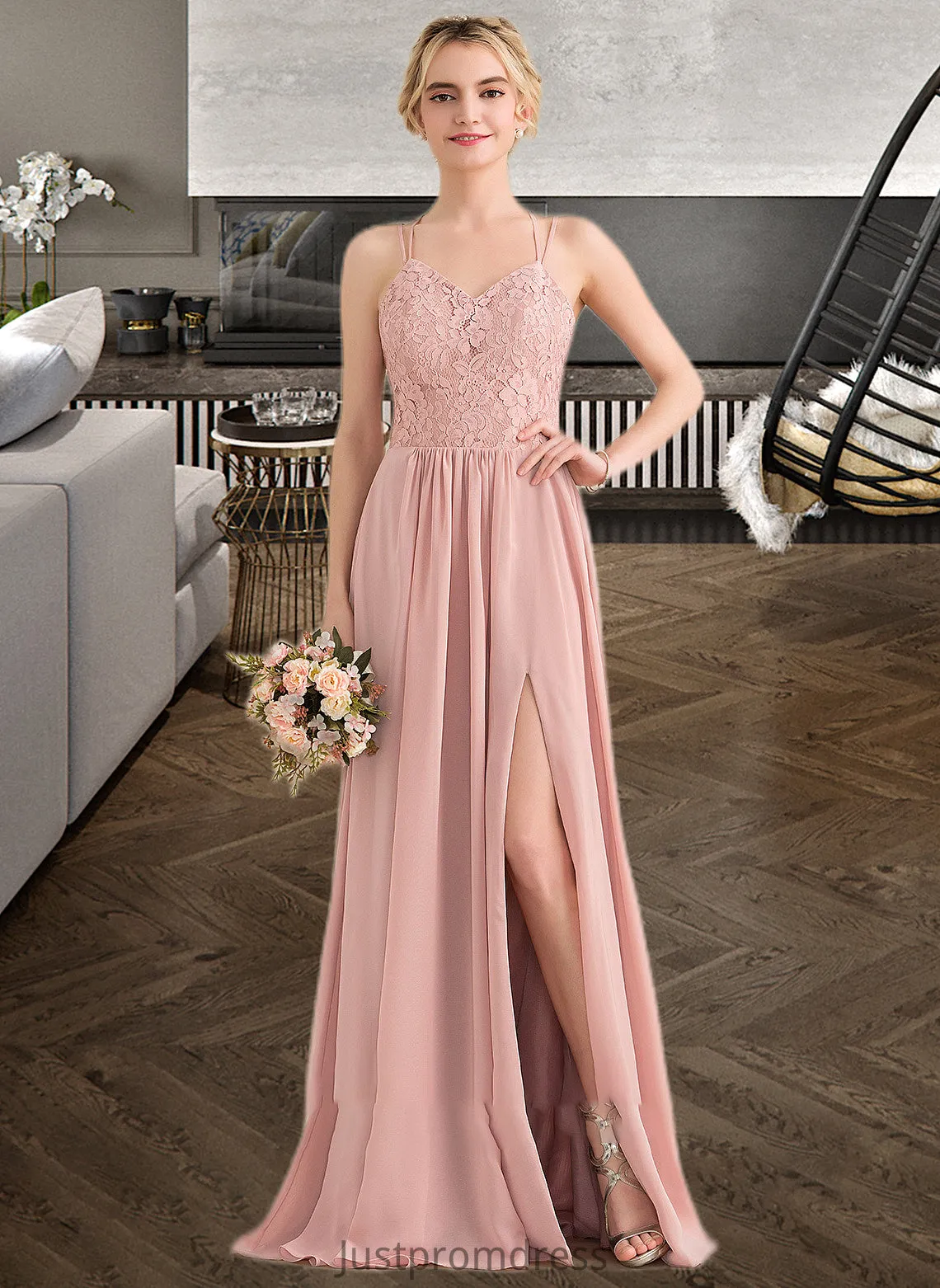 Lizeth A-Line Sweetheart Floor-Length Chiffon Lace Bridesmaid Dress With Split Front HHP0013068