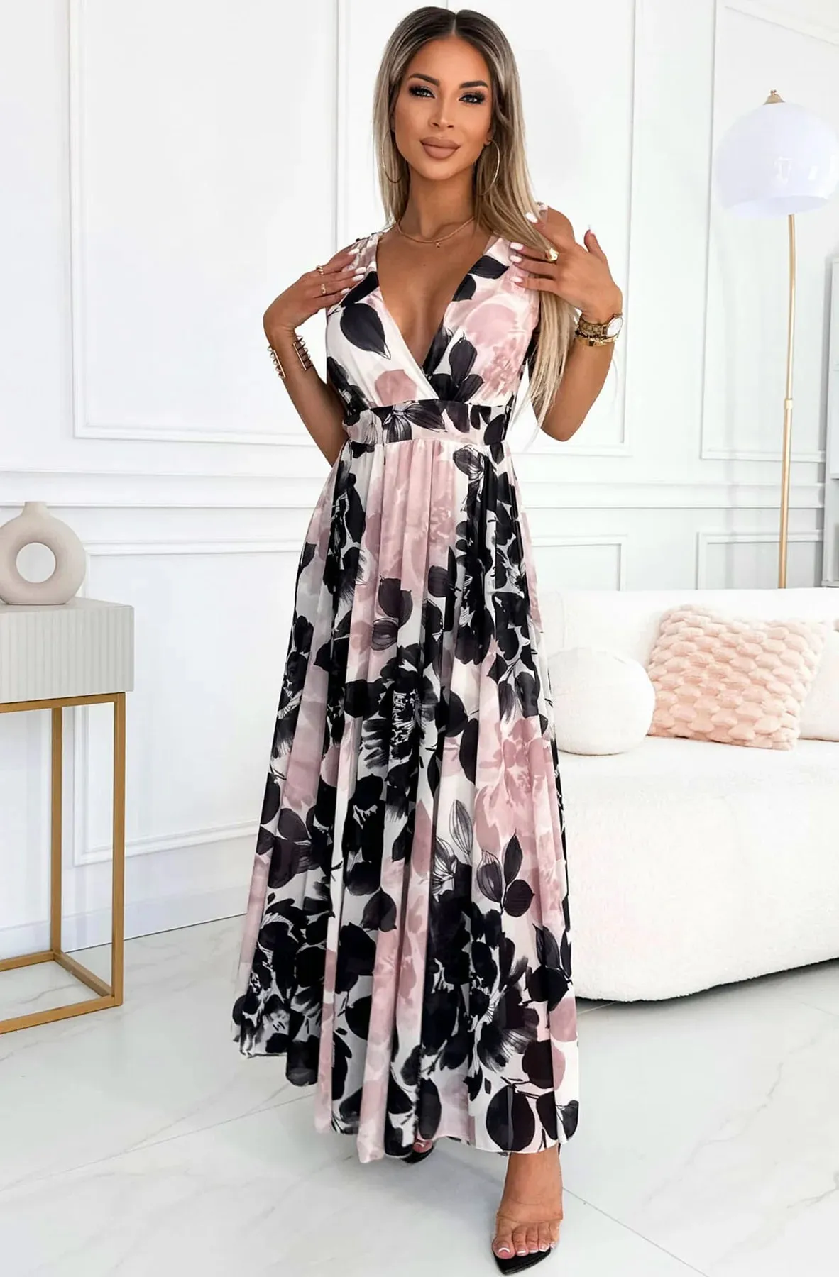 LMA Fleur Chiffon Floral Black And Pink Wrap Pleated Maxi Dress