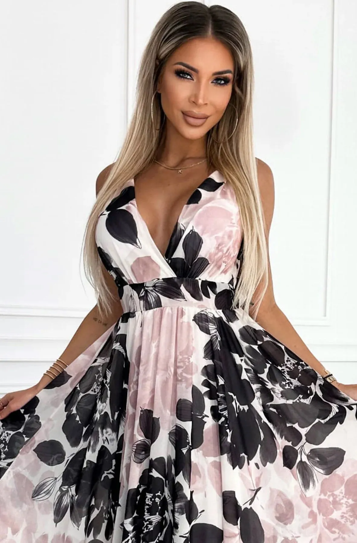 LMA Fleur Chiffon Floral Black And Pink Wrap Pleated Maxi Dress