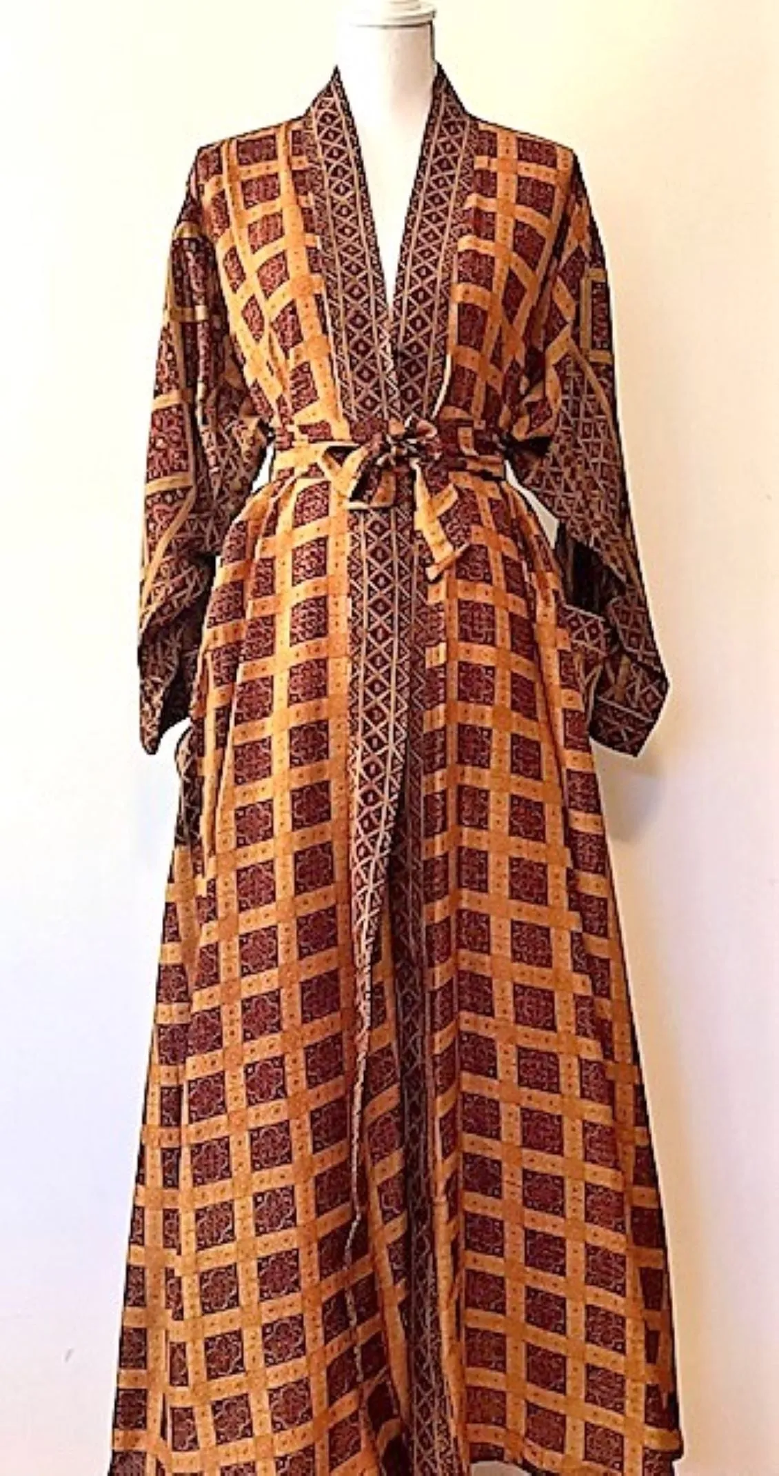 Luxury Silk Kimono Duster Dress; Uptown Print (Copper)