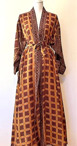 Luxury Silk Kimono Duster Dress; Uptown Print (Copper)