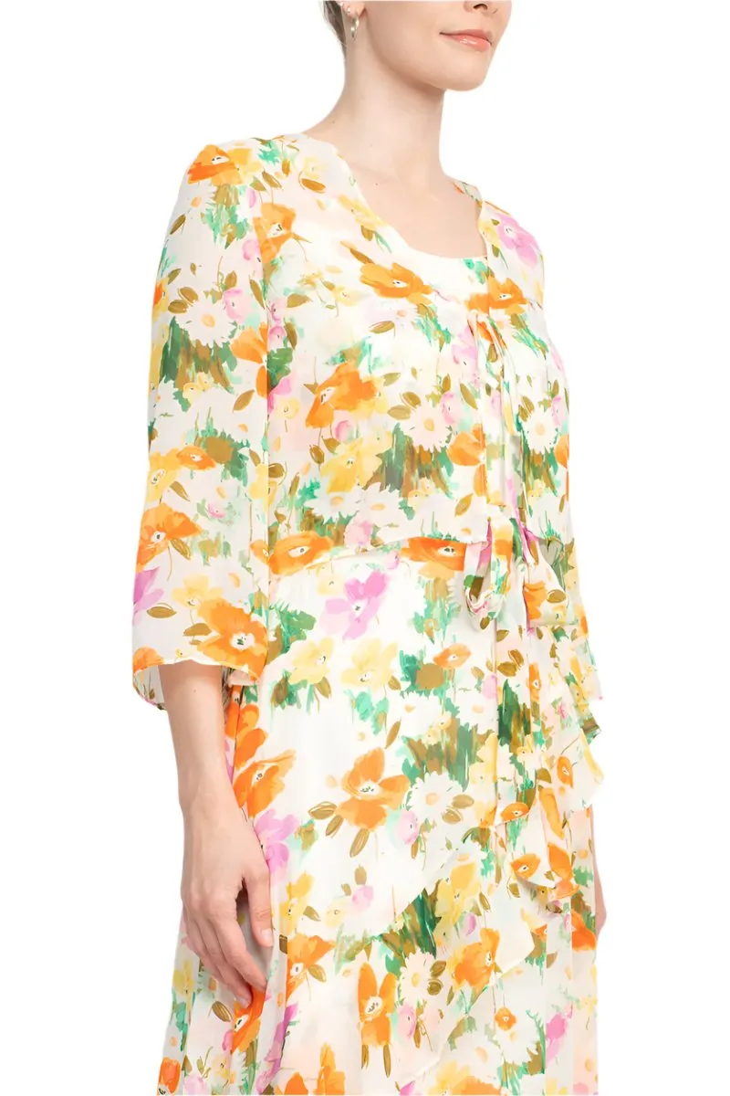 Maison Tara Scoop Neck Back Zipper Sleeveless Floral Midi Dress Matching Chiffon Jacket