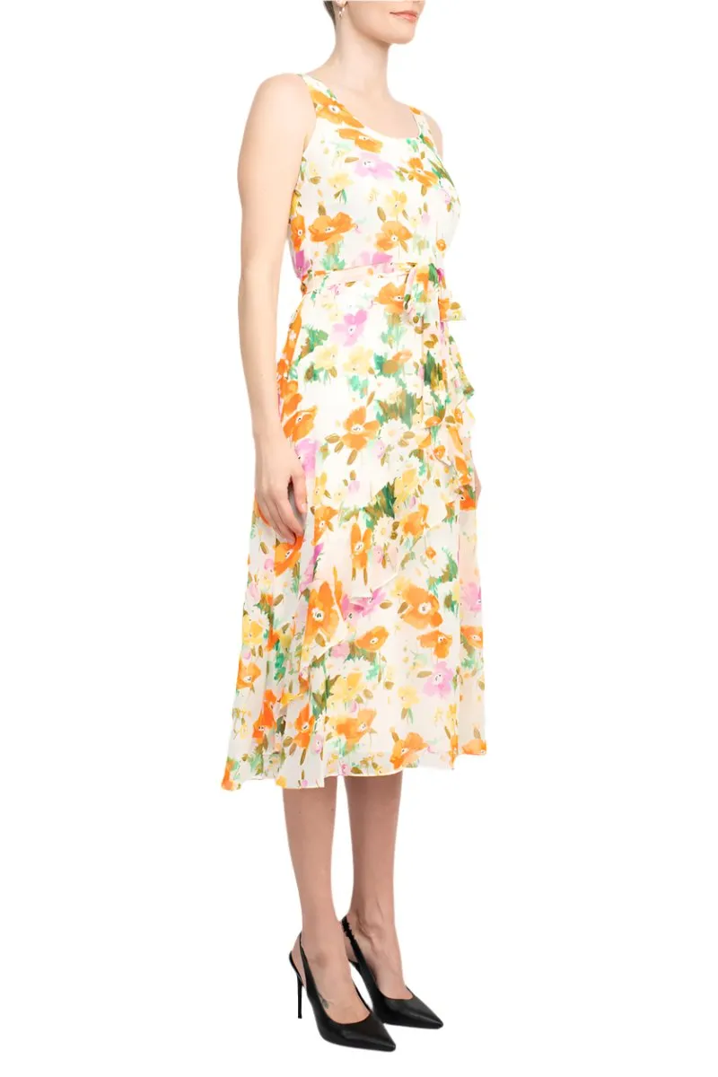 Maison Tara Scoop Neck Back Zipper Sleeveless Floral Midi Dress Matching Chiffon Jacket