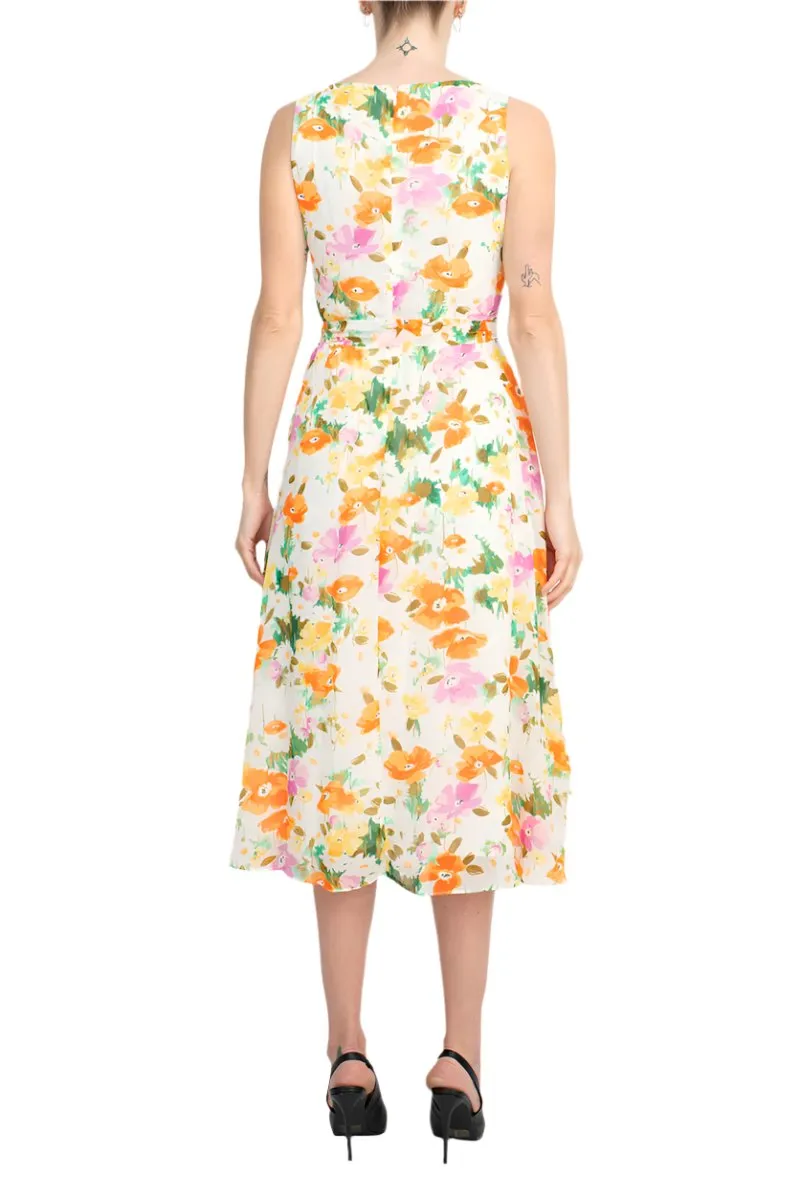 Maison Tara Scoop Neck Back Zipper Sleeveless Floral Midi Dress Matching Chiffon Jacket