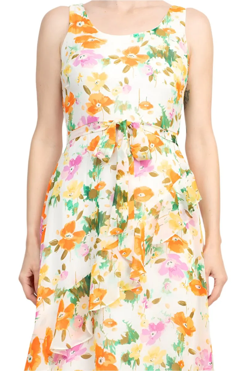 Maison Tara Scoop Neck Back Zipper Sleeveless Floral Midi Dress Matching Chiffon Jacket